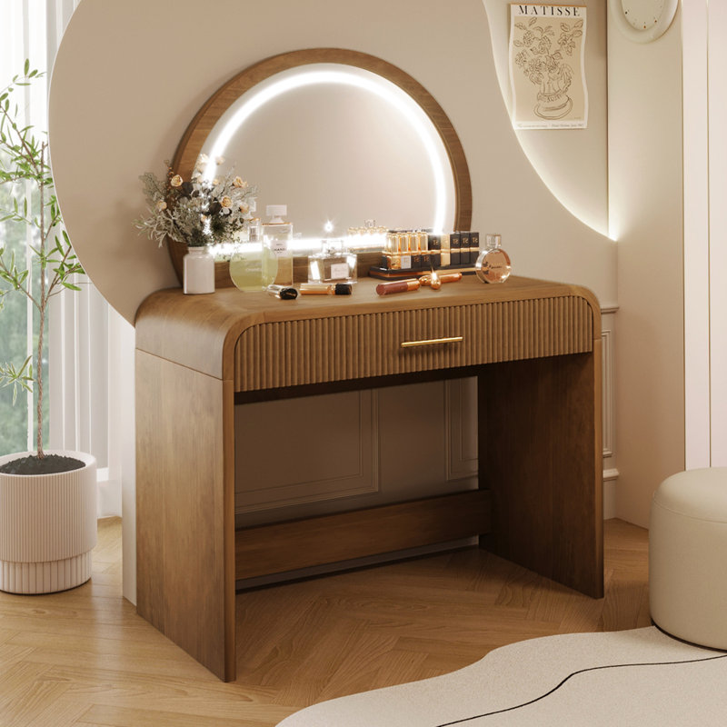 Coiffeuse de 39 po avec miroir à écran tactile éclairé et tiroir ondulé, grand espace de rangement pour les bijoux, bureau amovible, éclairage de maquillage confortable, coins courbés, design élégant, essentiels de beauté,