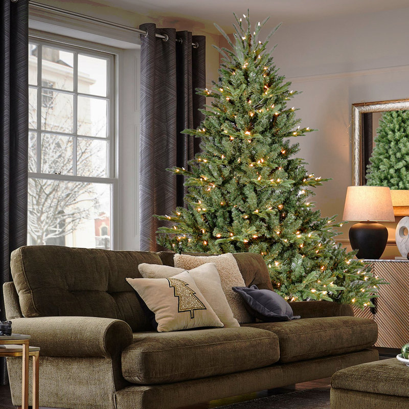 Arbre de Noël 7,5 pi pleine forme avec 850 lumières UL - branches mixtes PE / PVC, 2441 pointes, base large pour les espaces spacieux, structure à charnières, support en métal stable