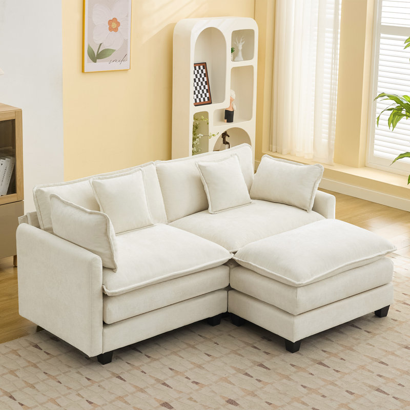Chenille Upholstered Sectional Sofa Couch with Ottoman, 2 Seat + 1 Ottoman, Beige