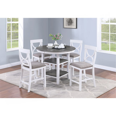Table de salle à manger à hauteur de comptoir avec étagères de rangement pour 4 chaises rembourrées, ensemble de salle à manger 5 pièces