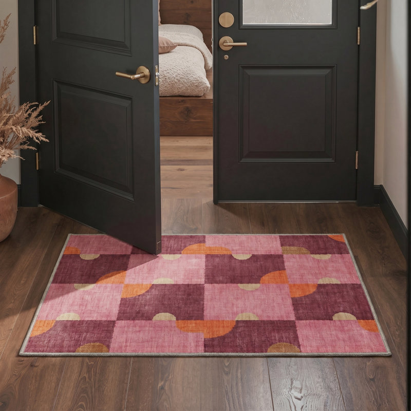 Abrahamson Hexa Modern Machine Washable Pink / Beige / Orange Indoor Area Rug with Non-Slip Backing, Round 5'