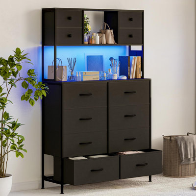Commode 12 tiroirs en tissu avec station de charge et éclairage à DEL, structure en acier robuste et plateau en bois, armoire de rangement à grande capacité avec commode pour chambre à coucher, salon et entrée