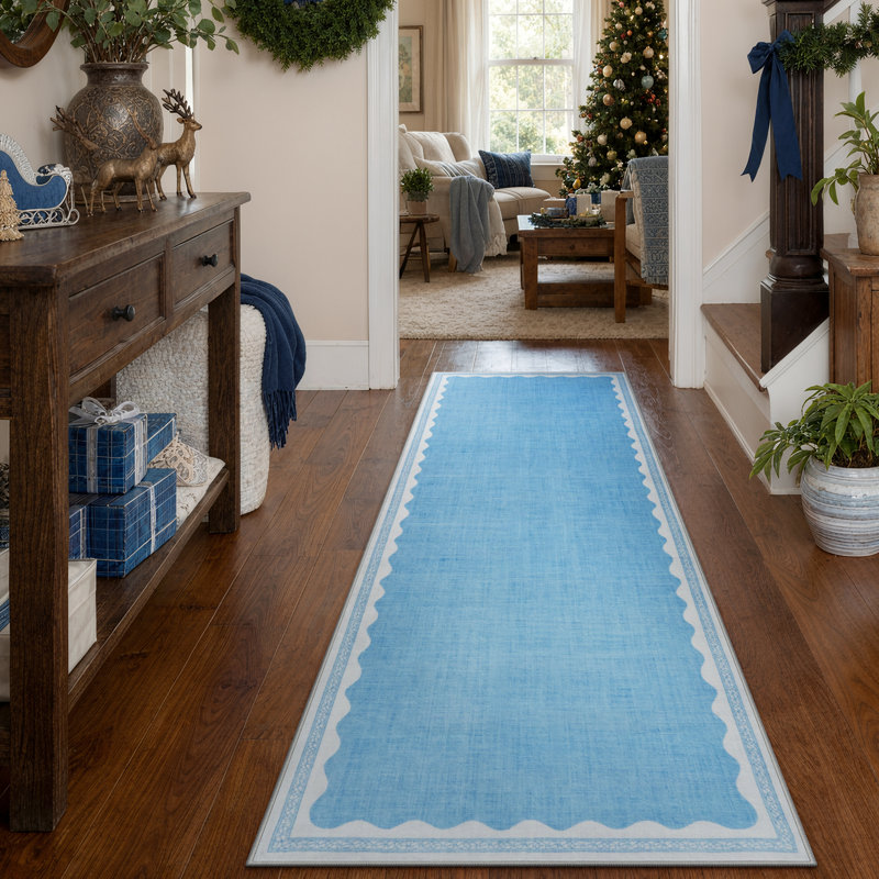 Tapis de corridor bleu vintage à bordure ondulée, lavable et antidérapant, idéal pour le corridor, la cuisine ou la chambre.