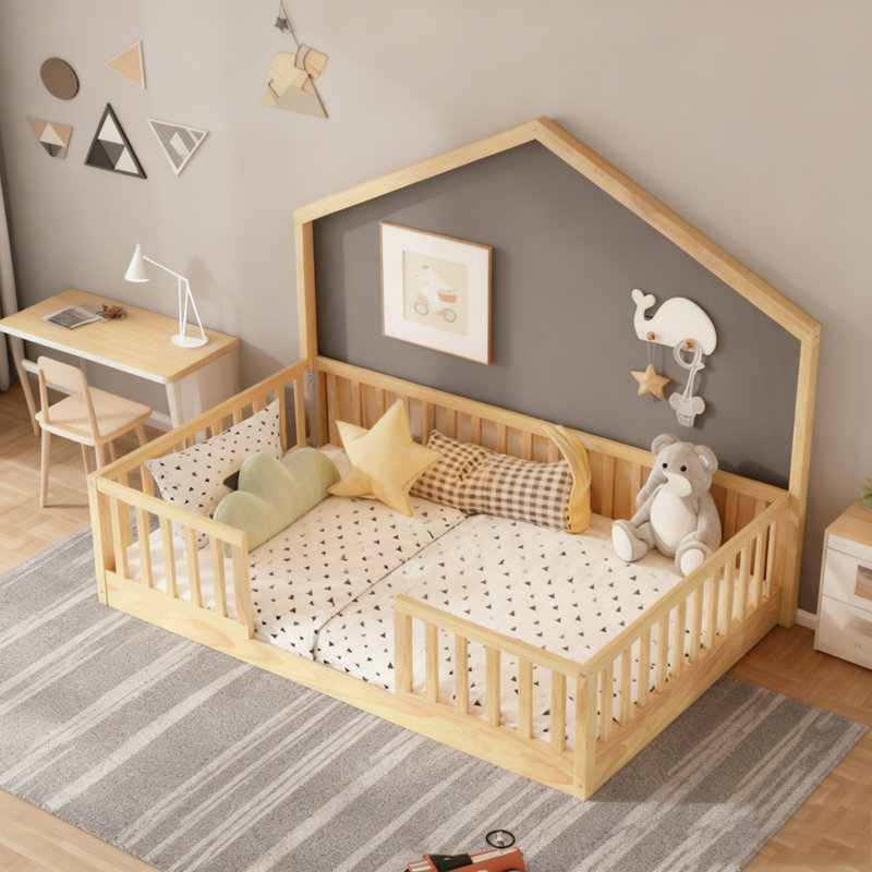 Floor Bed with High Rails, Wooden Montessori Bed with Light, Natural, Full