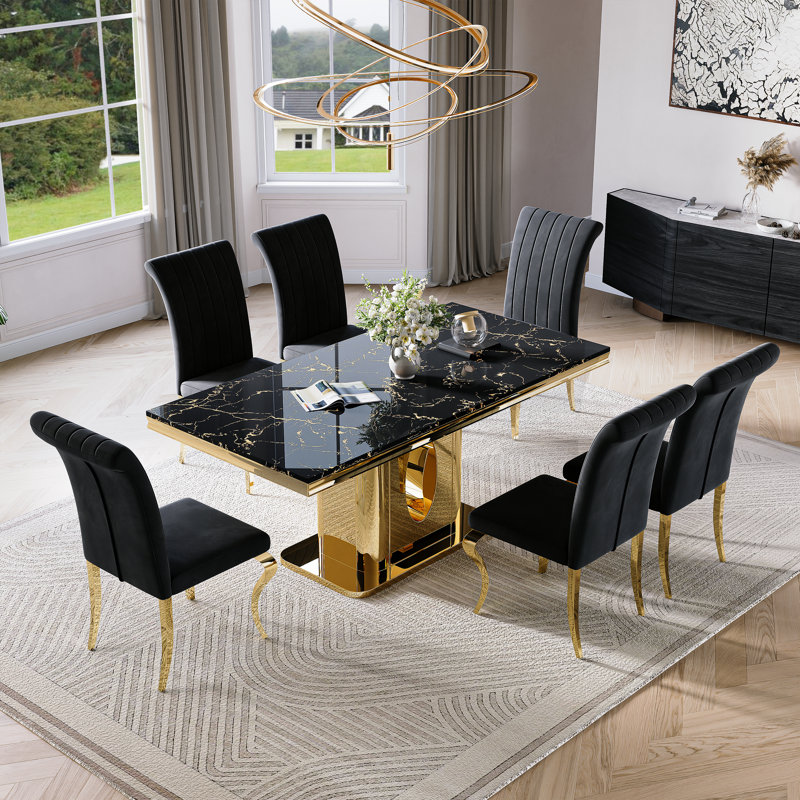 70.08”Faux Marble Top Pedestal Dining Table Set, Black/Gold, Black, Gold