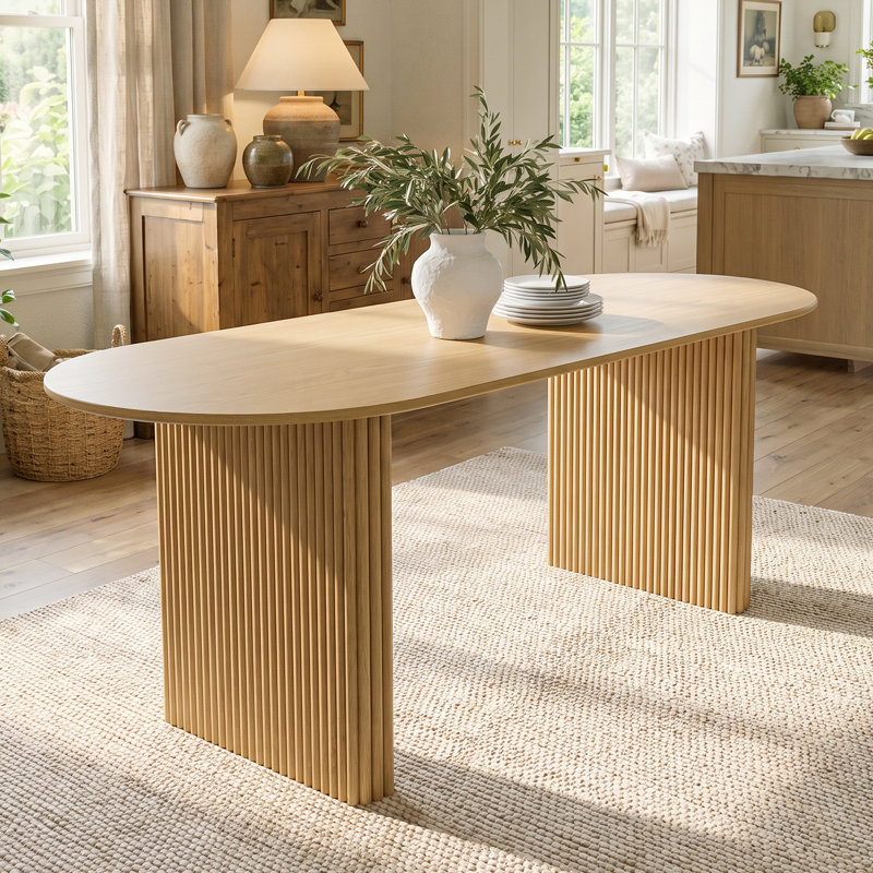 Table de salle à manger ovale moderne de style ferme Bren 79 po avec pied cannelé et fini mat en bois., Chêne