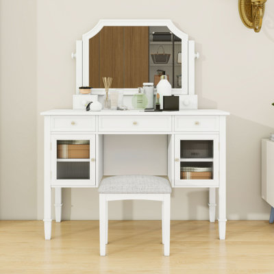 Makeup Vanity Desk with Upholstered Stool, Mirror, Drawer and Cabinet