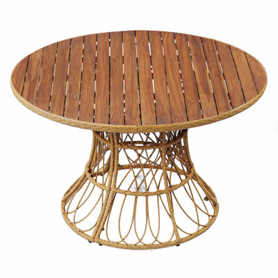 Durable Round Outdoor Dining Table, Acacia Wood Top & Wicker Base With Teak Finish, Patio Table For 4-6 People, Garden Outdoor Furniture (Compatible With Matching Chairs)
