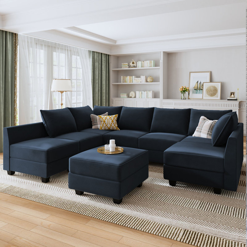 Canapé modulaire en coin avec chaise et repose-pieds Tremee, Velours bleu