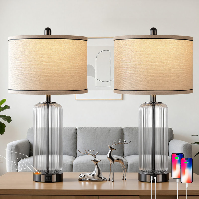 27" Modern Glass Bedside Lamps With Usb A+c Ports, Clear/Glossy Black