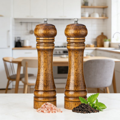 Premium Oak Wood Salt And Pepper Grinder Set With Adjustable Ceramic Grinder - Refillable 8 Inch Mill For Kitchen, Camping, BBQ, And Picnic