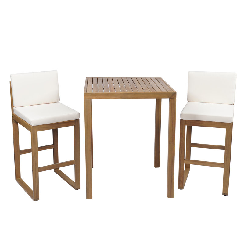 Ensemble de salle à manger à hauteur de bar en bois d'acacia avec coussins 3 pièces Vine Patio, Beige clair, Marron clair
