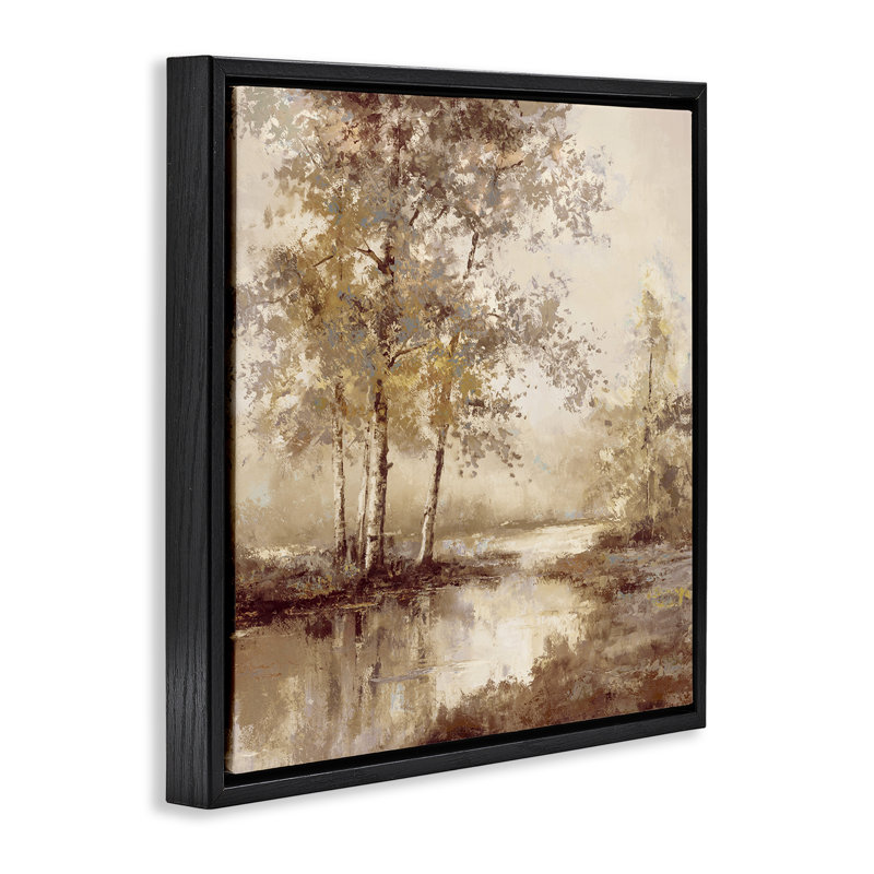 Ruisseau de forêt en sépia, H 25 po x l 25 po, Cadre flottant noir de jais