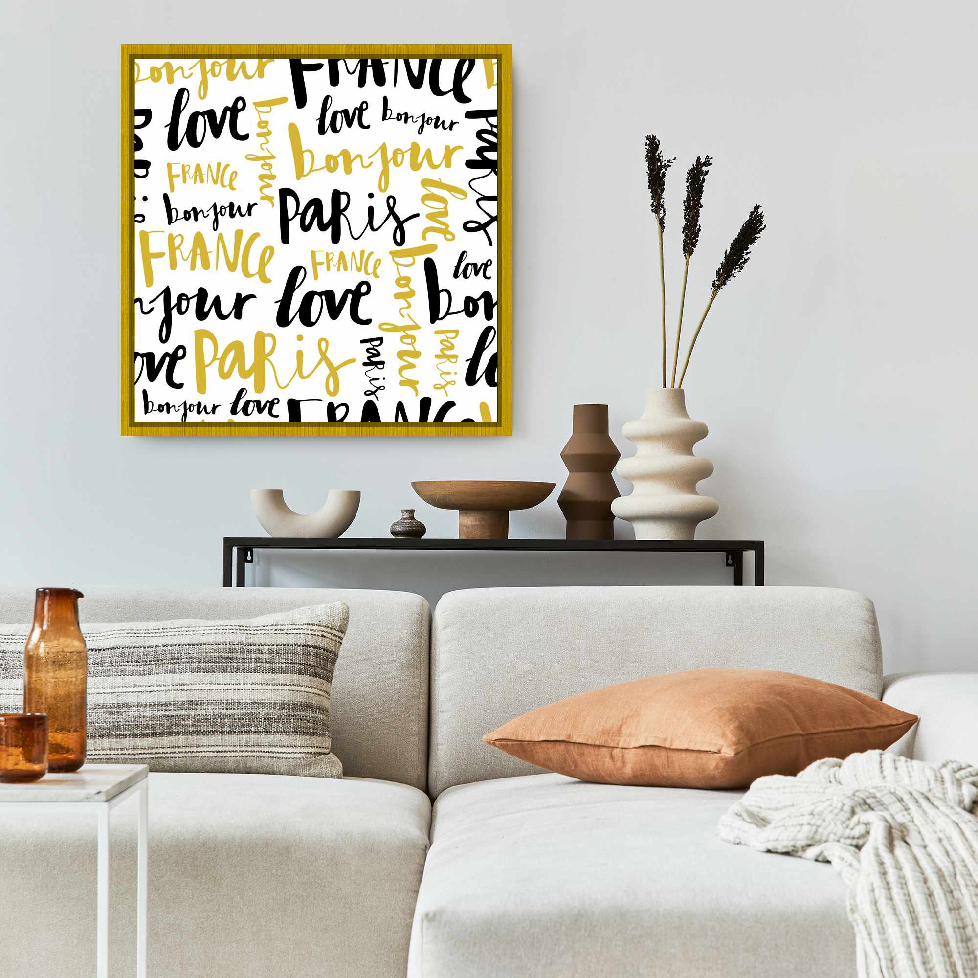 Lark Manor™ Yellow Bonjour Paris Canvas | Typo & Symbols Art Decor ...