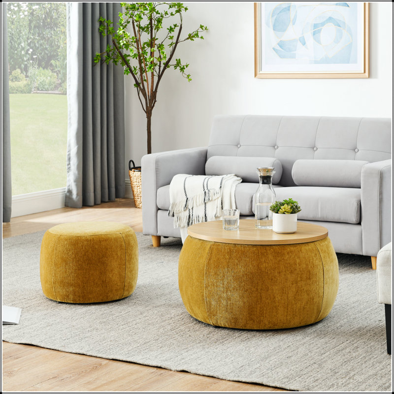 Round Storage Ottoman, 2 in 1 Function, Work as End table and Ottoman,with small seat,(25"x25"x14.7"), Dark Yellow