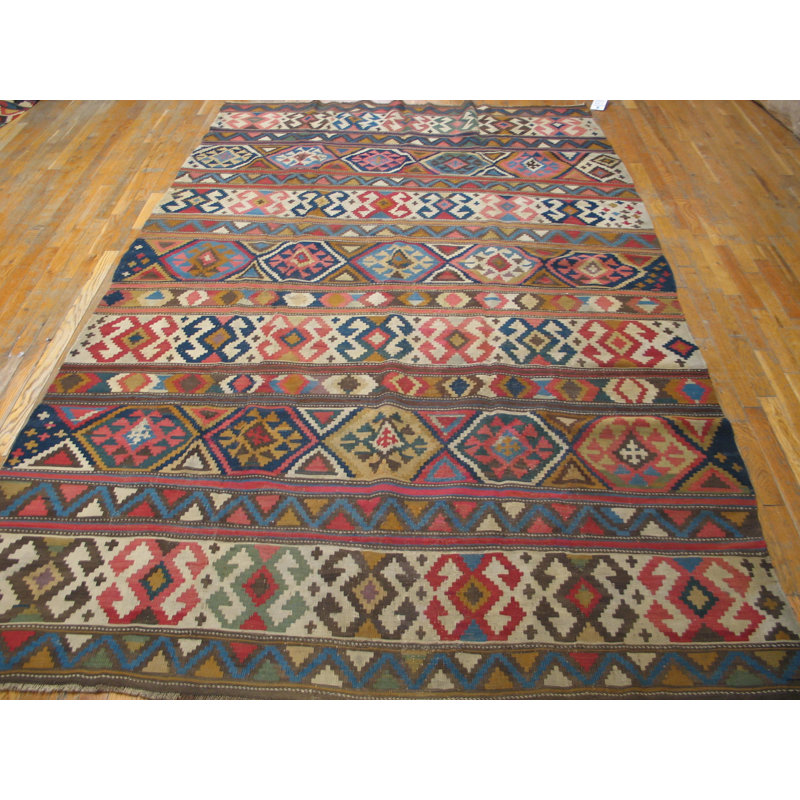 Tapis multicolore en laine tissé à plat à motif géométrique antique des années 1920