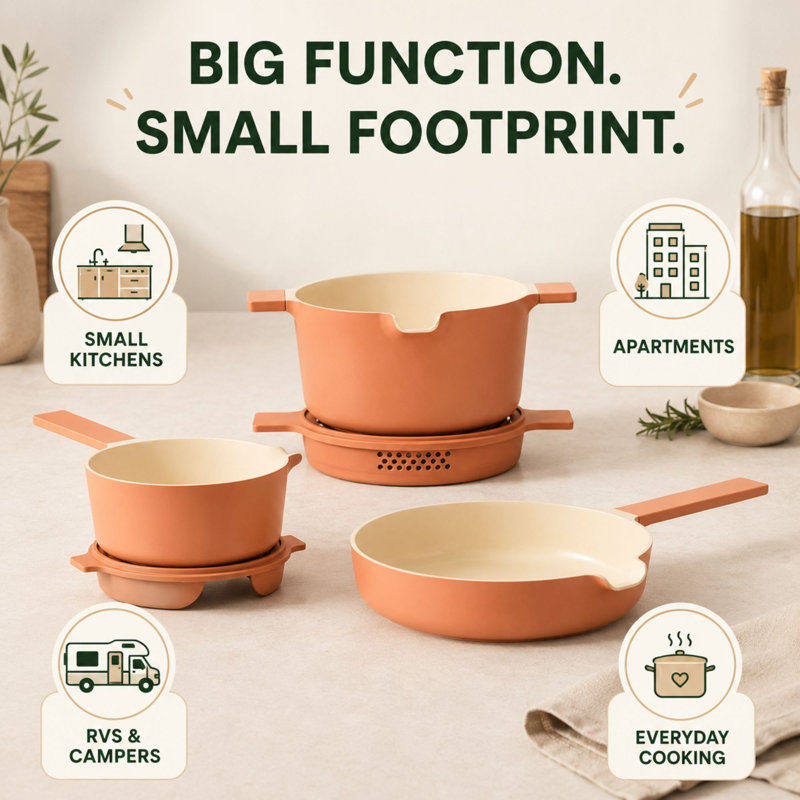 Alva Neat 5-Piece Nesting Cookware Set, Peach
