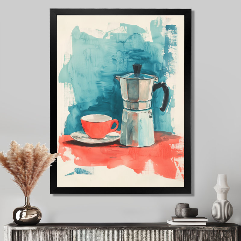Nature morte café tasse rouge - Tableau encadré sur toile - Tableau mural de style café, H 40 po x l 30 po, Cadre photo noir