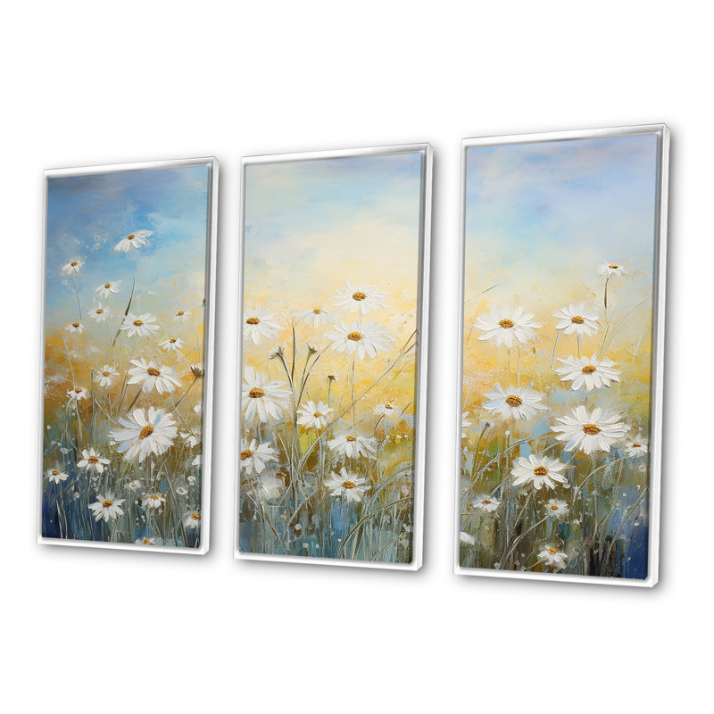 «Daisy Dreamscape Flowers Field III», ensemble d'art sur toile, H 28 po x l 36 po x P 1 po, Cadre flottant blanc