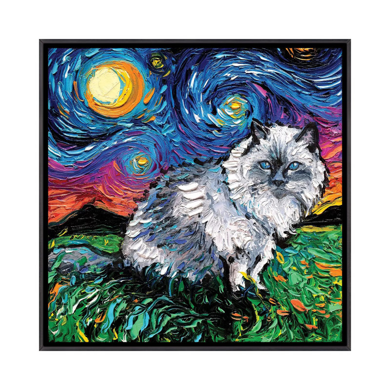 «Ragdoll Cat Night» par Aja Trêves - reproduction d'art, H 26 po x l 26 po x P 1,5 po, Toile avec cadre noir patiné