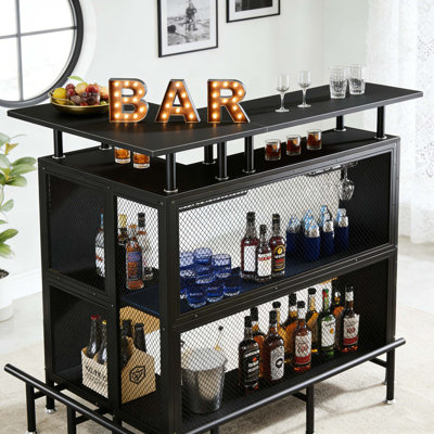 L-Shaped Home Bar Unit Liquor Bar Table with Glasses Holders and Shelves