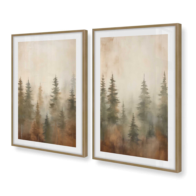 «Foggy Autumn Pines», Or brossé, H 21,25 po x l 17,25 po