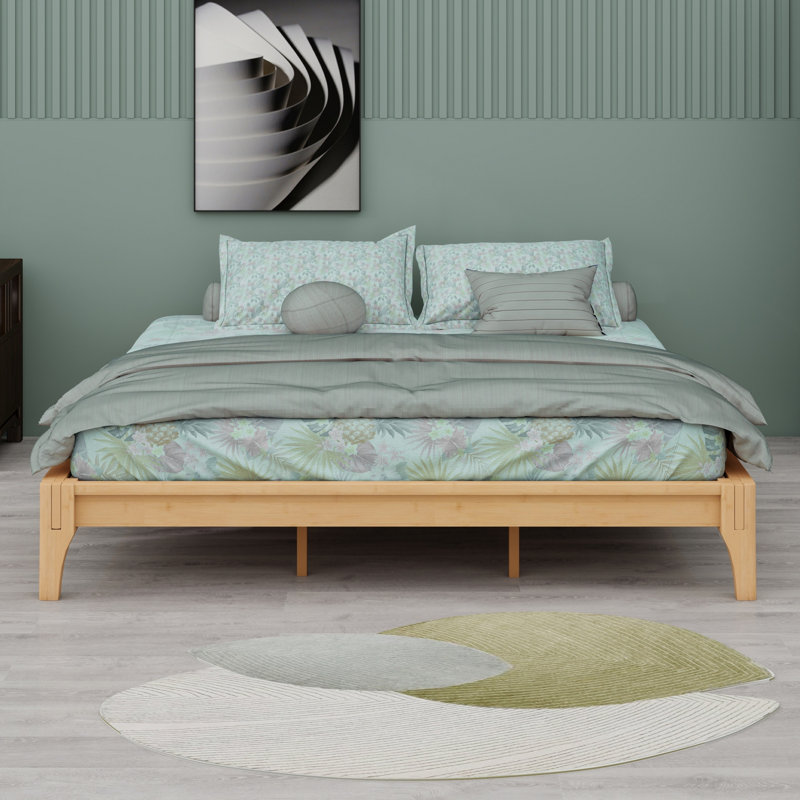 Base de lit plateforme en bois de bambou sec massif avec support en lattes de bois, Naturel