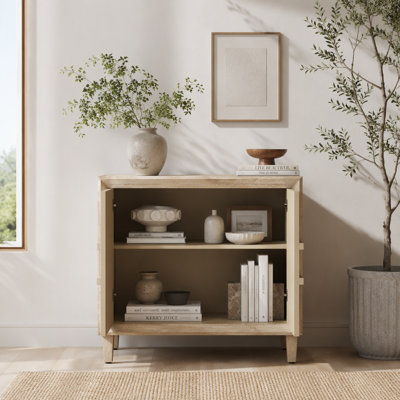 Buffet/crédence modulaire de style milieu du siècle, meuble compact avec portes symétriques en forme de soleil, meuble d'appoint avec étagères réglables