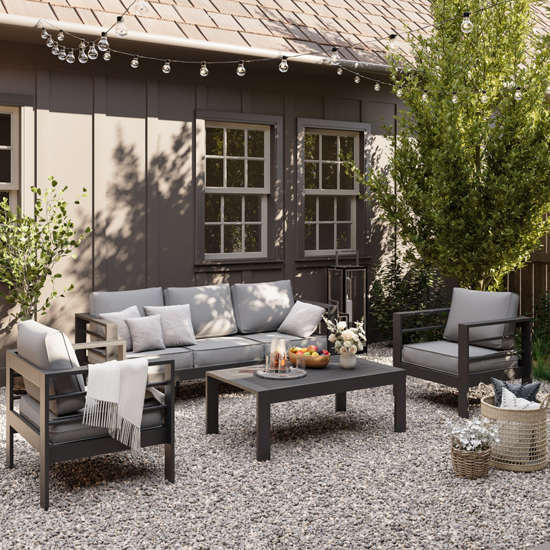 5 - Person Outdoor Seating Group With Cushions, Light Gray/Gray