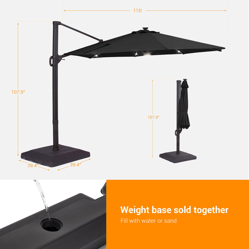 Parasol de patio décalé en porte-à-faux à DEL 11 pi avec base Darcie-May, Black