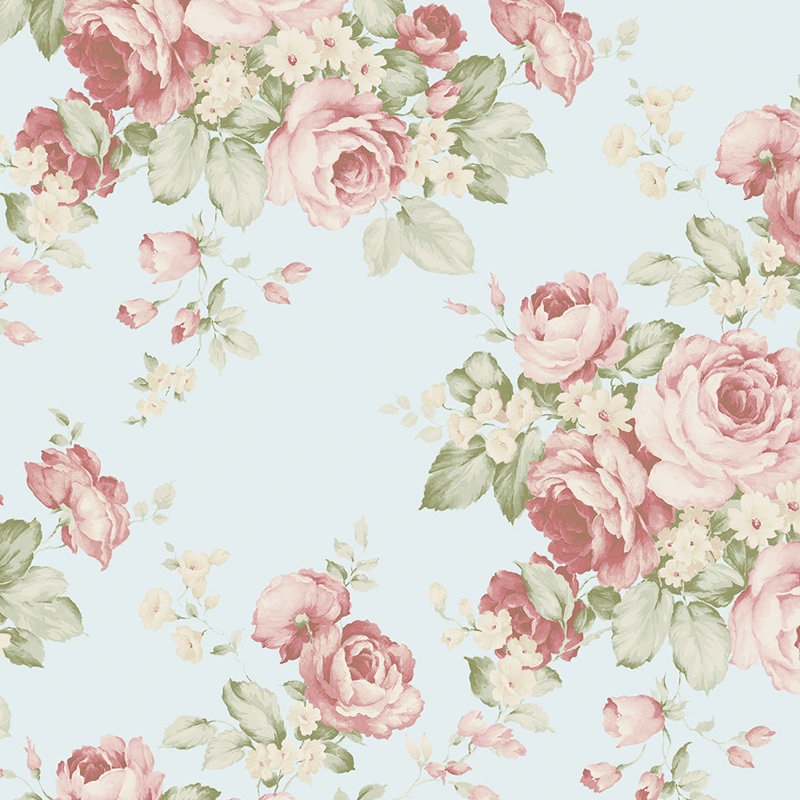 Papier peint à bouquet de roses 32,7 pi x 20,5 po Stamford, Bleu menthe / rouge / crème / beige / blanc cassé