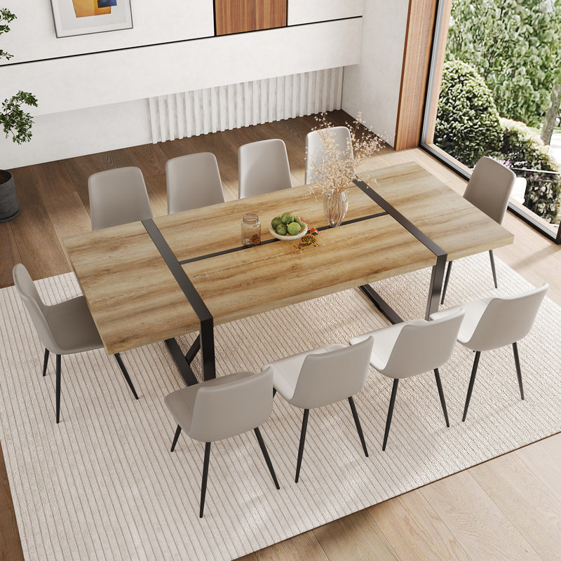 Ensemble de table de salle à manger 87 pouces en bois avec chaise rembourrée en similicuir, 11 pièces: table, 10 chaises