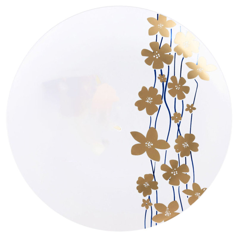 Assiettes en plastique blanches rondes de 10 pouces Ecoqualité avec motif de vignes bleues et dorées pour 60 invités