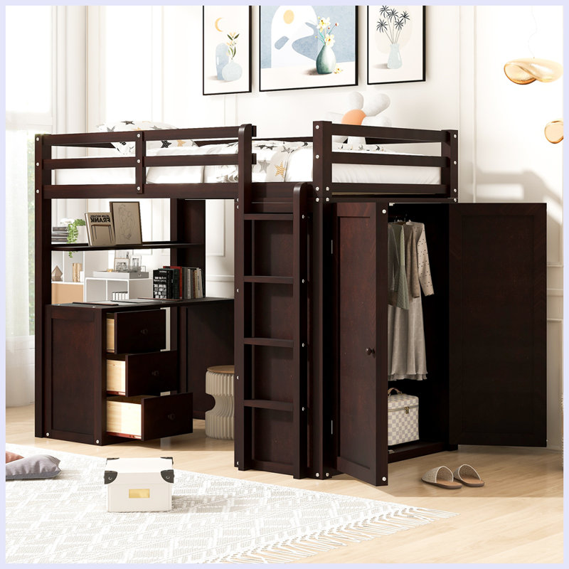 Lit mezzanine moderne avec tiroirs, bureau et garde-robe, Simple, Espresso