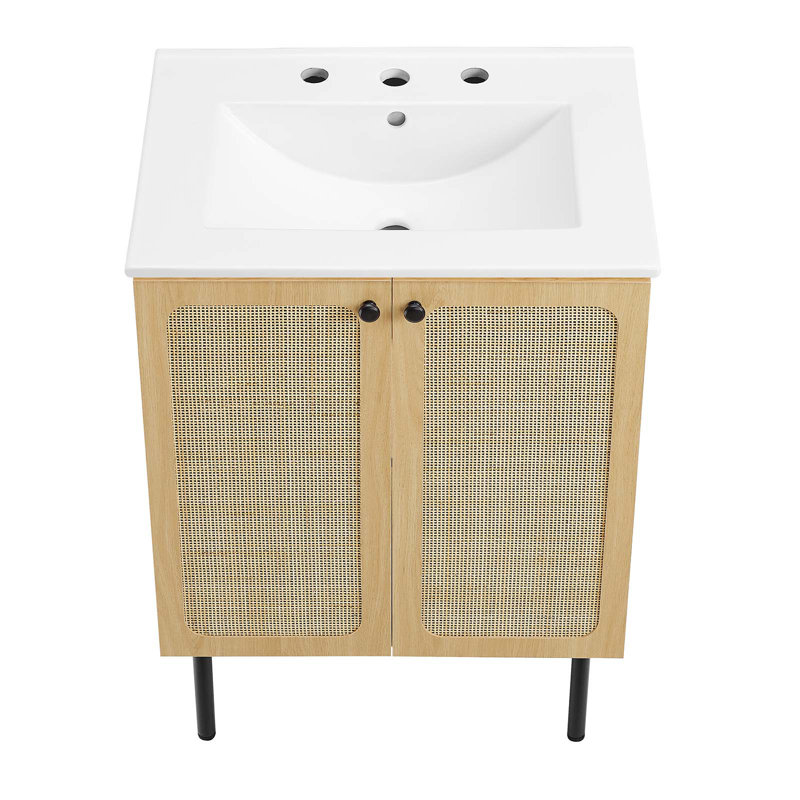 Meuble-lavabo simple 24,5 po avec plateau en bois Modway, Chêne / noir, Blanc