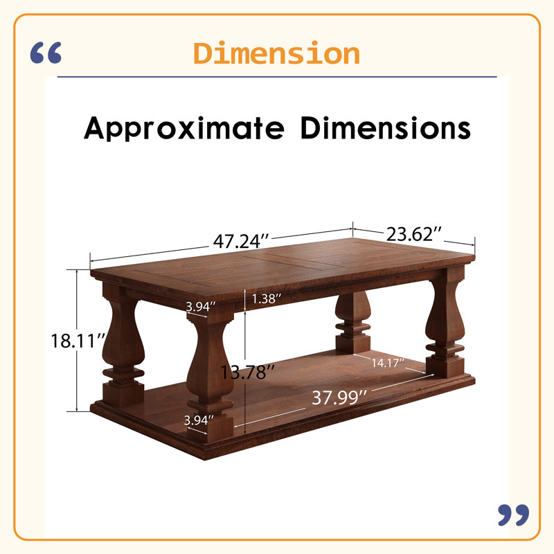 Table basse de style campagnard, avec plateau en planches lourdes et pieds de balustre carrés, longue table de salon rustique de 47,24 po