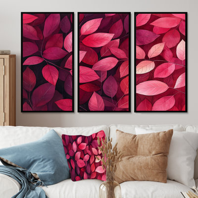 «Crimson Leaves Dancing Rose I» - décoration murale feuilles - 3 pièces