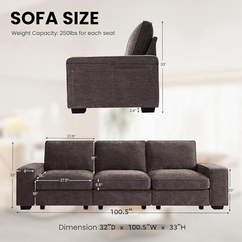 Ebern Designs Judeth Square Arm Modular Sofa, 3, Gray
