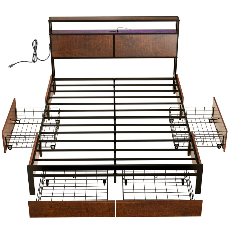Antioch Modern Bed Frame with 4 Drawers, LED Light and Charging Station, Brown, Queen