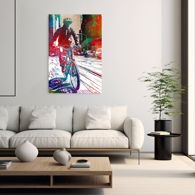 «Dynamic City Cyclist Abstract Contemporary Architecture City», art mural, 60" H x 40" W