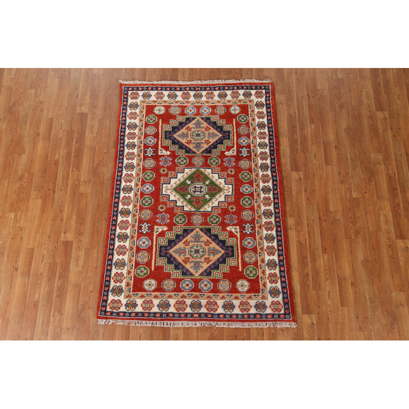 Tapis oriental géométrique Kazak noué à la main 4 x 6