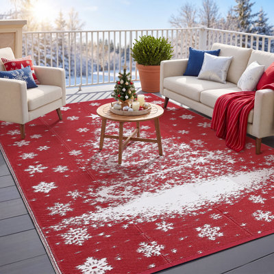 Christmas Outdoor Rug Patio Rug Waterproof Reversible Area Rug – Festive Tree & Snowflake Portable Camping Mat for RV, Picnic, Beach, Balcony