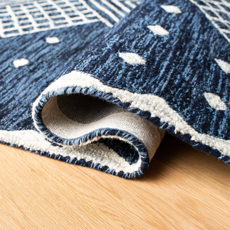 Micro-Loop Hand Tufted Wool/Cotton Southwestern Rug in Blue/Ivory, Rectangle 4' x 6'