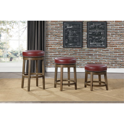 Round Swivel Bar Stools Set Of 2, Red Faux Leather 360-Degree Swivel Seat Nailhead Trim Solid Wood Frame Brown Finish Furniture