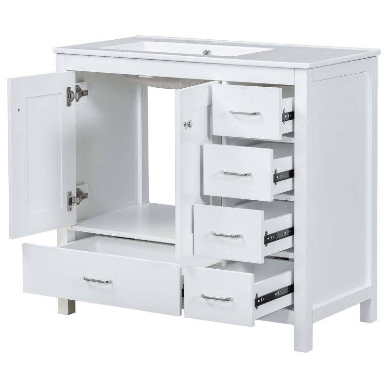 Meuble-lavabo de salle de bain avec lavabo en céramique, 2 portes à fermeture douce et 5 tiroirs