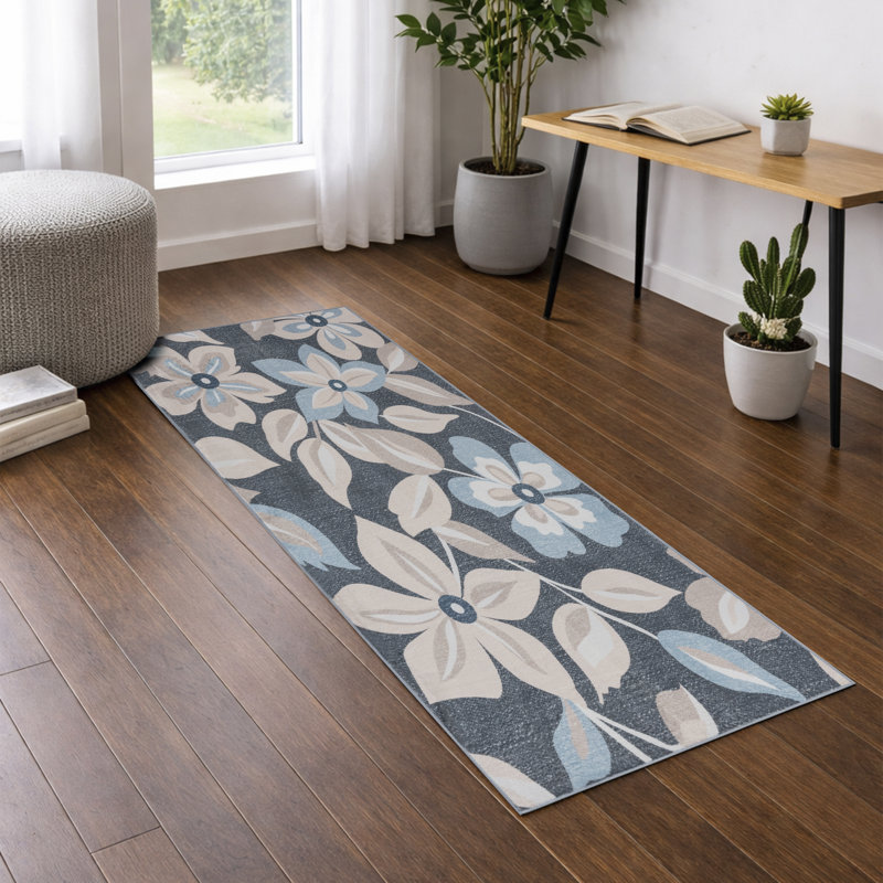 Machine Washable Boho Floral Area Rug Non-Slip Backing Charcoal Blue/Beige Indoor Carpet for Living Room, Bedroom, Hallway Runner