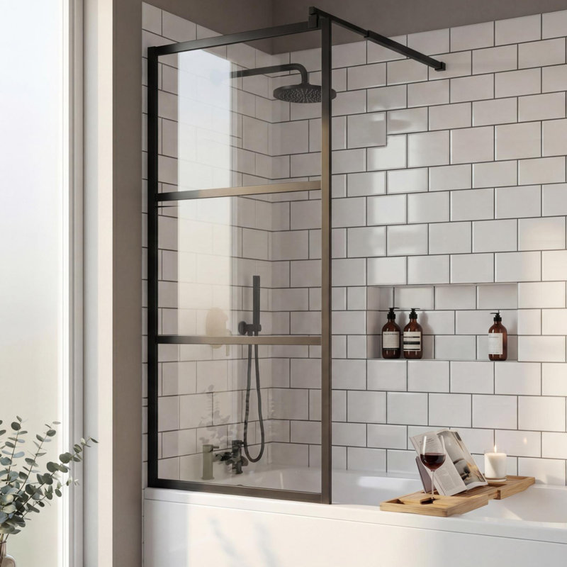 32" x 72" Framed Fixed Shower Glass Panel – 1/4" (6mm) Tempered Safety Glass with Explosion-Proof Film, 3-Panel Walk-In Screen, Adjustable Support Bar, Bonus Glass Sealant Included – Black