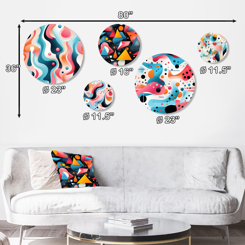 Rose et bleu Mid-Century tendance motifs V - ensemble géométrique d'art mural rond moderne de 5