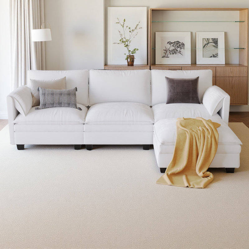 Canapé de grande taille à 3 places de 107,8 po, canapés en forme de L avec repose-pieds mobile, accoudoirs avec poches, fauteuils en tissu modernes pour le salon