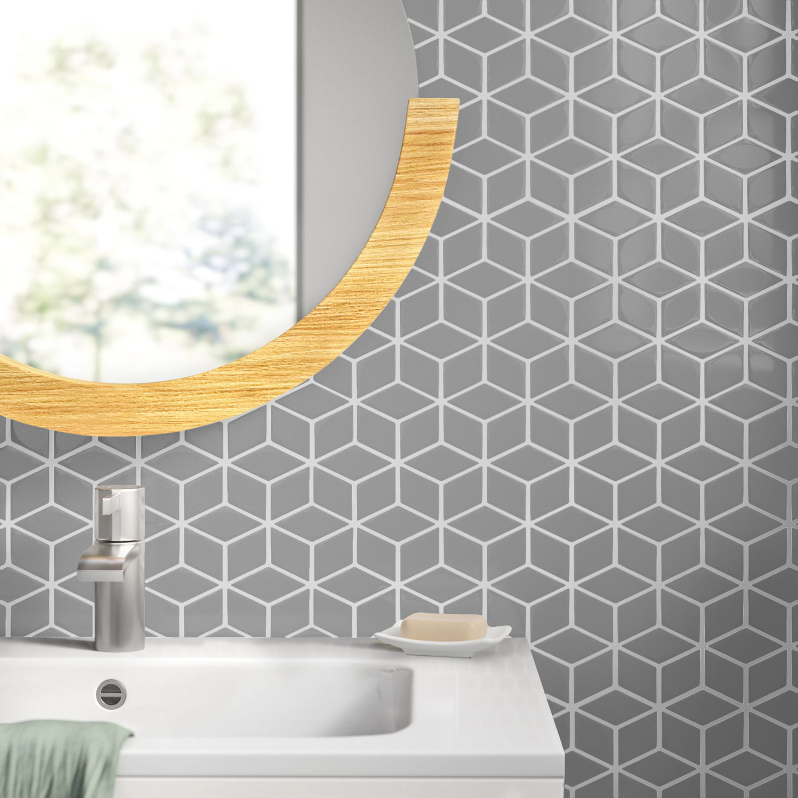 Metro Rhombus 11" x 12" Porcelain Mosaic Tile, Glossy Light Gray